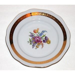 Vtg Carlsbad Plate‎ Fine Porcelain Czech Floral Gold Rim Bohemia Gilt Grannycore
